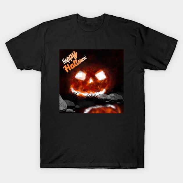 Hallowen creepy pumpkin orange fall black spooky scary T-Shirt by Drawn by Nathally 